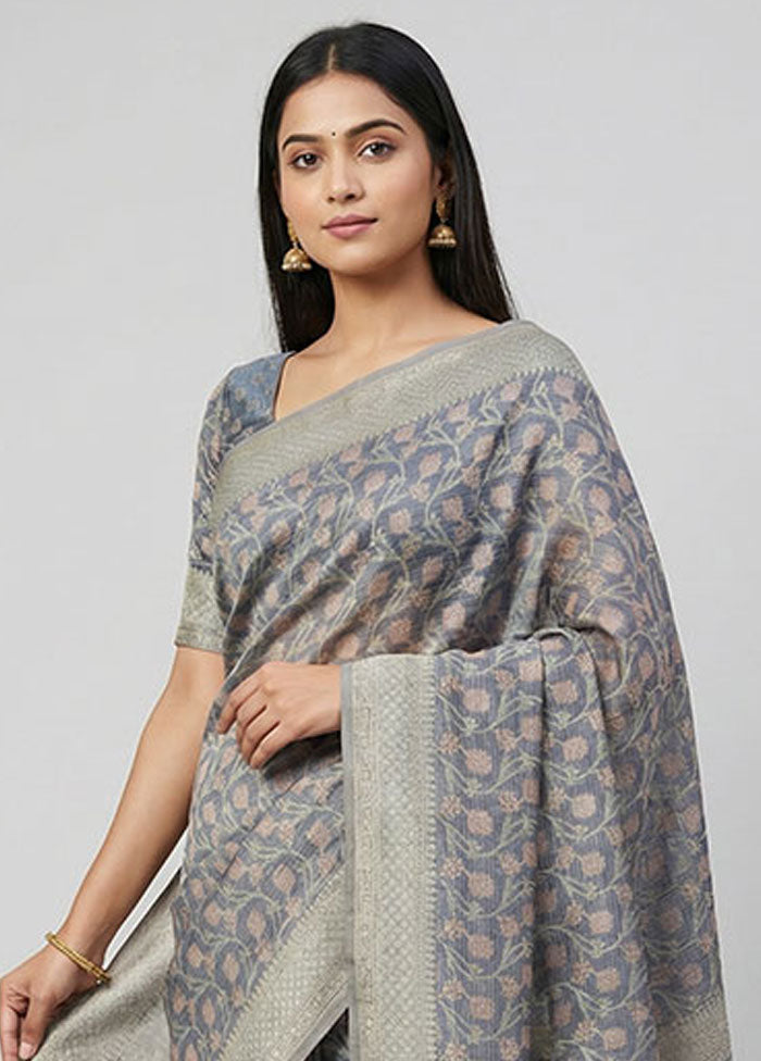 Grey Kora Silk Saree With Blouse Piece