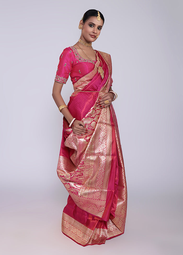Pink Handloom Banarasi Pure Silk Saree With Blouse Piece