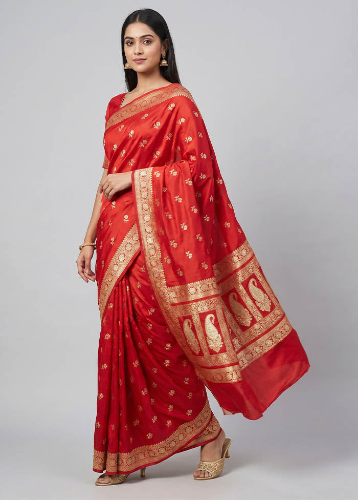 Red Banarasi Silk Saree With Blouse Piece