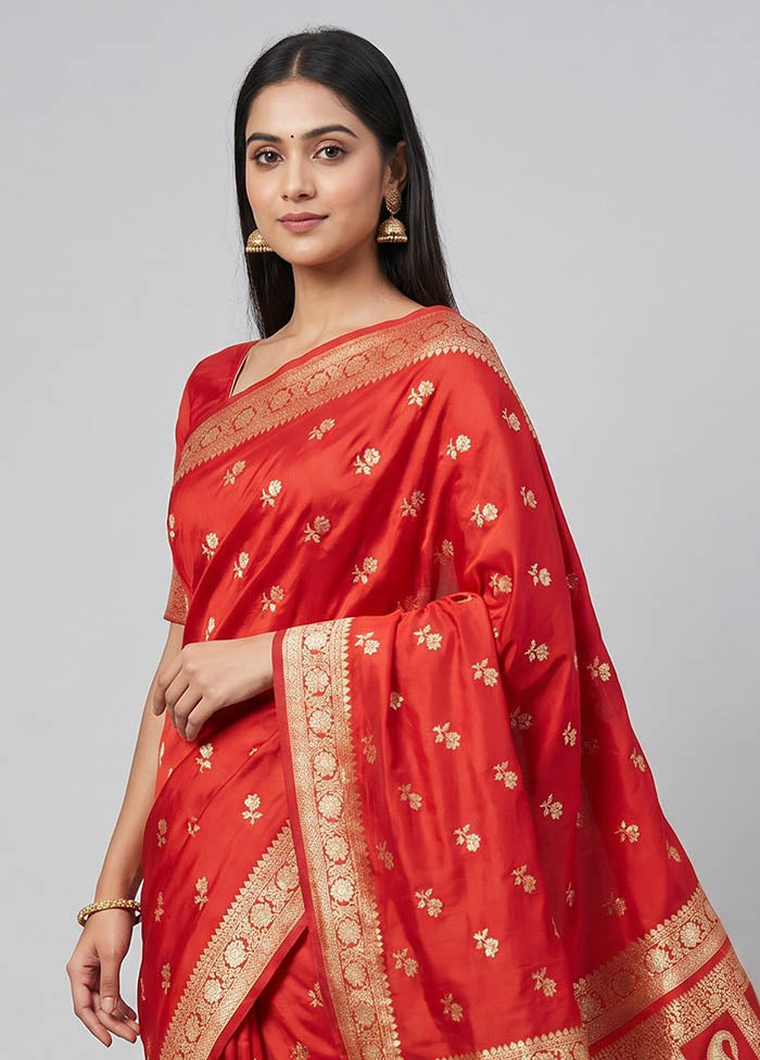 Red Banarasi Silk Saree With Blouse Piece