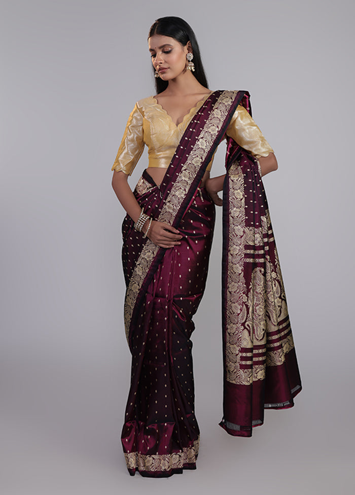 Maroon Handloom Banarasi Pure Silk Saree With Blouse Piece