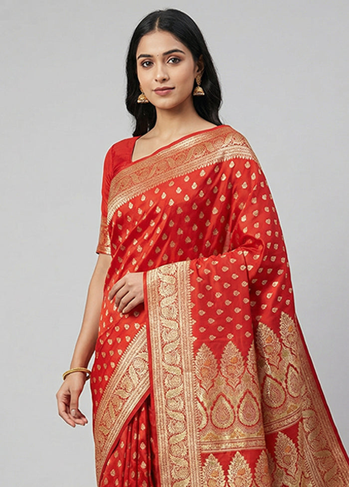 Red Handloom Banarasi Pure Silk Saree With Blouse Piece