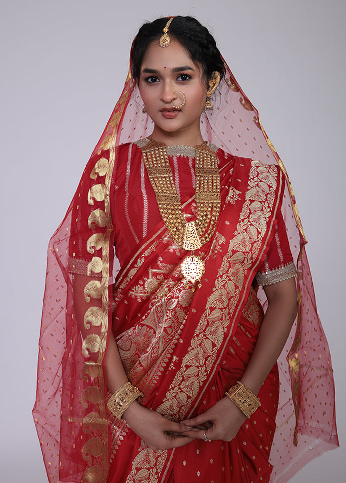 Red Handloom Banarasi Pure Silk Saree With Blouse Piece