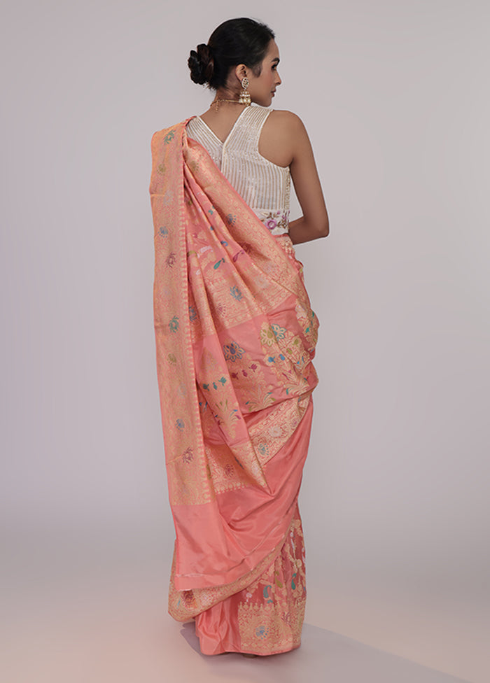 Peach Handloom Katan Pure Silk Saree With Blouse Piece