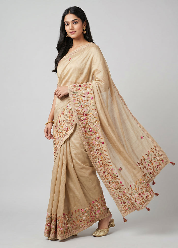Cream Tussar Silk Saree With Blouse Piece