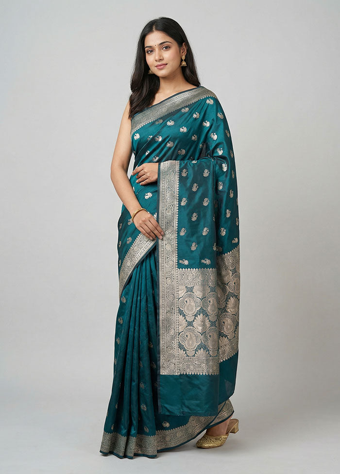 Blue Banarasi Silk Saree With Blouse Piece