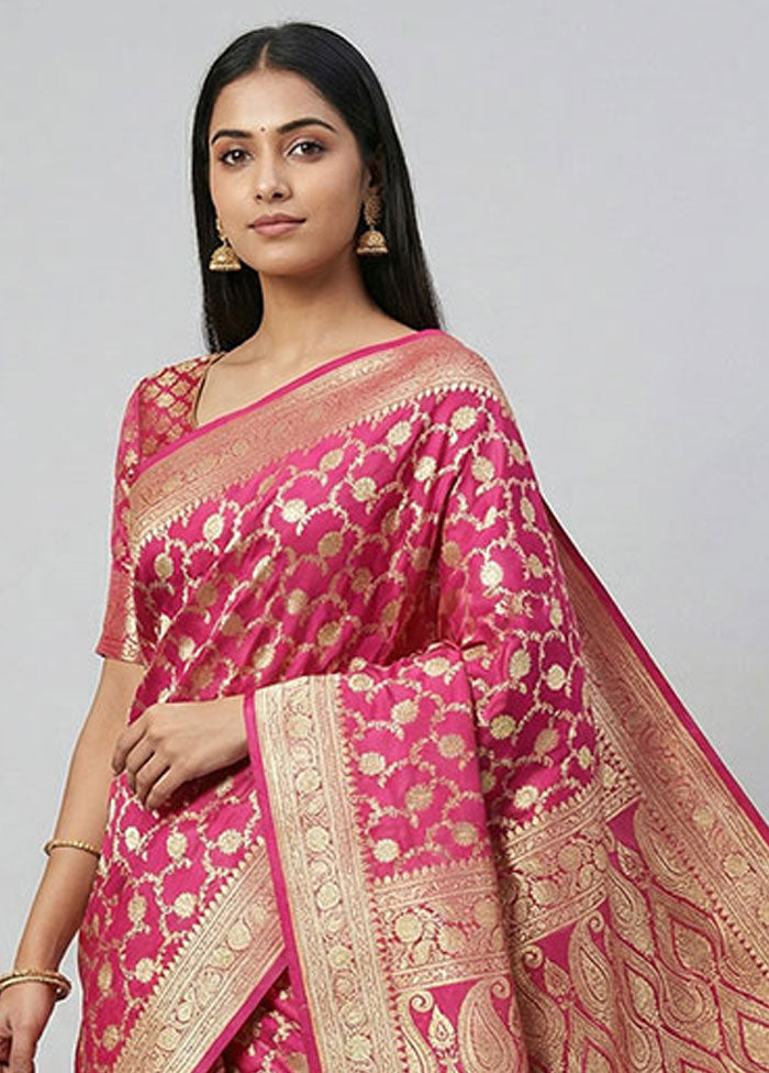 Pink Handloom Banarasi Pure Silk Saree With Blouse Piece