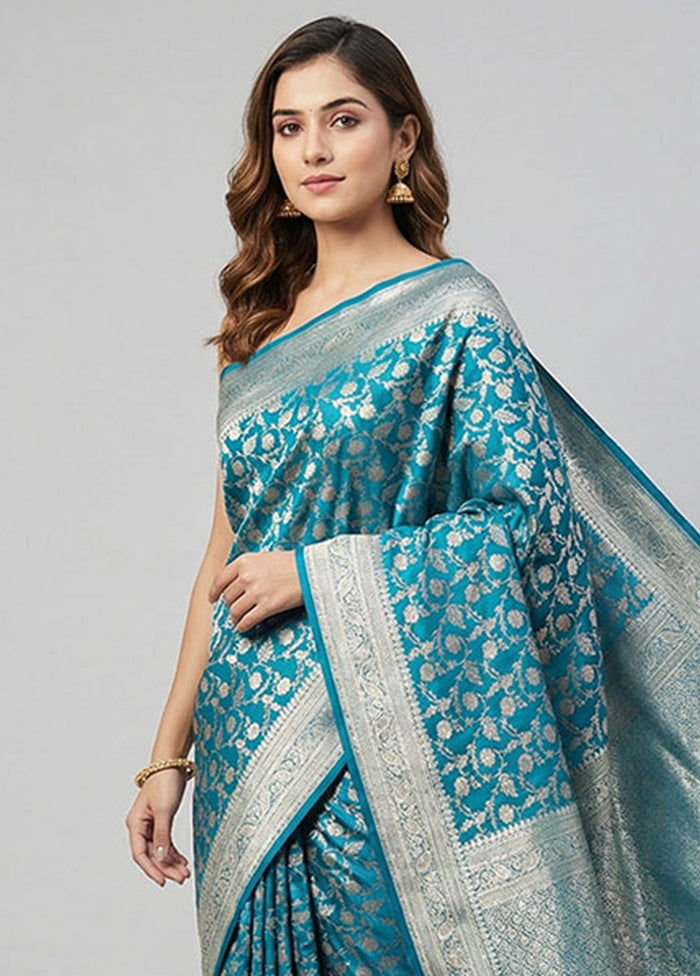 Blue Handloom Banarasi Pure Silk Saree With Blouse Piece