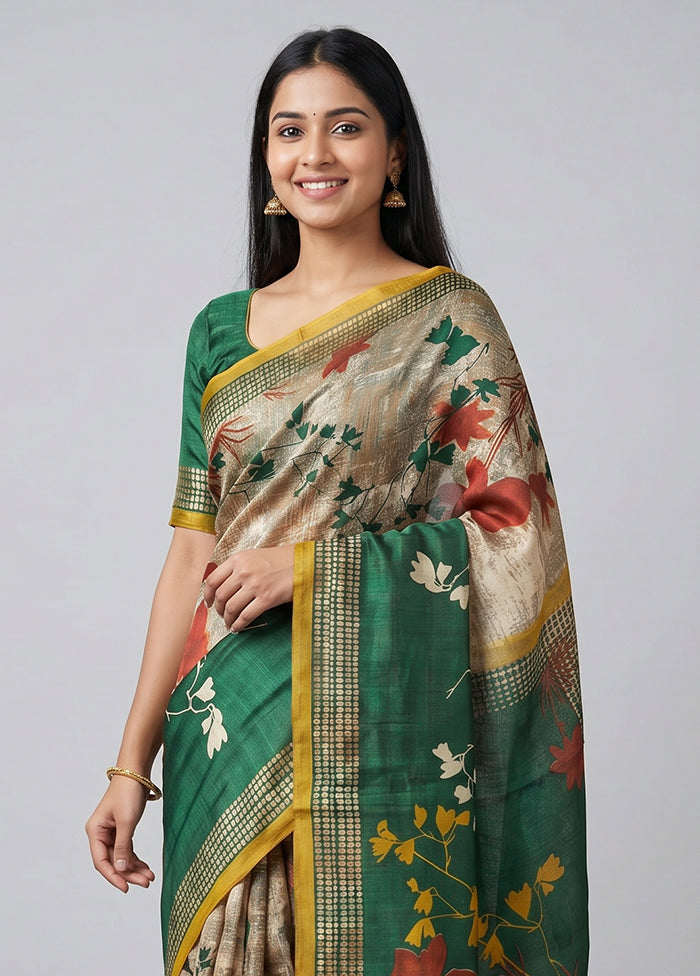 Cream Printed Silk Saree Without Blouse Piece