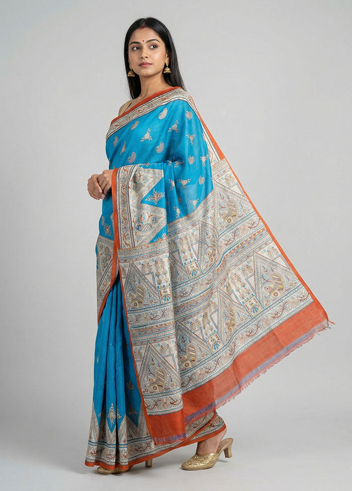 Blue Printed Silk Saree Without Blouse Piece