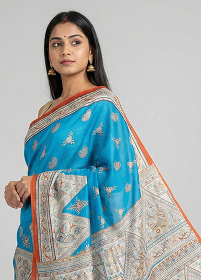Blue Printed Silk Saree Without Blouse Piece