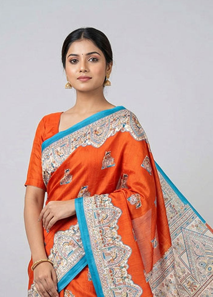 Red Printed Pure Silk Saree Without Blouse Piece