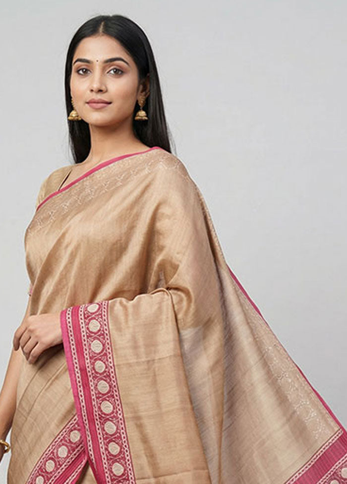 Cream Printed Pure Silk Saree Without Blouse Piece