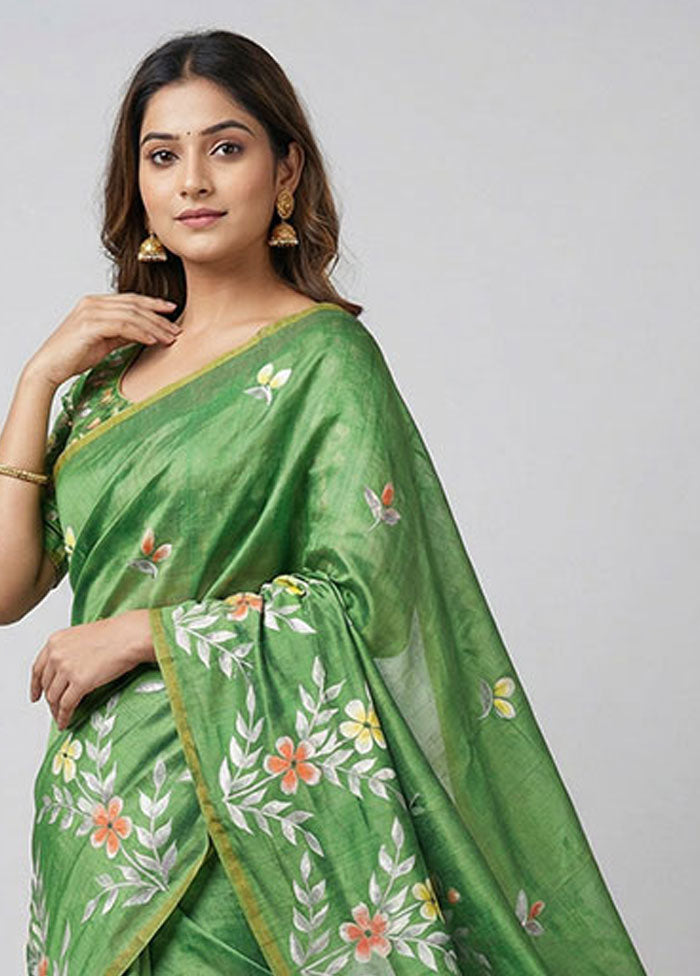 Green Printed Silk Saree Without Blouse Piece