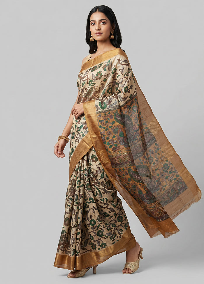 Cream Tussar Silk Saree With Blouse Piece