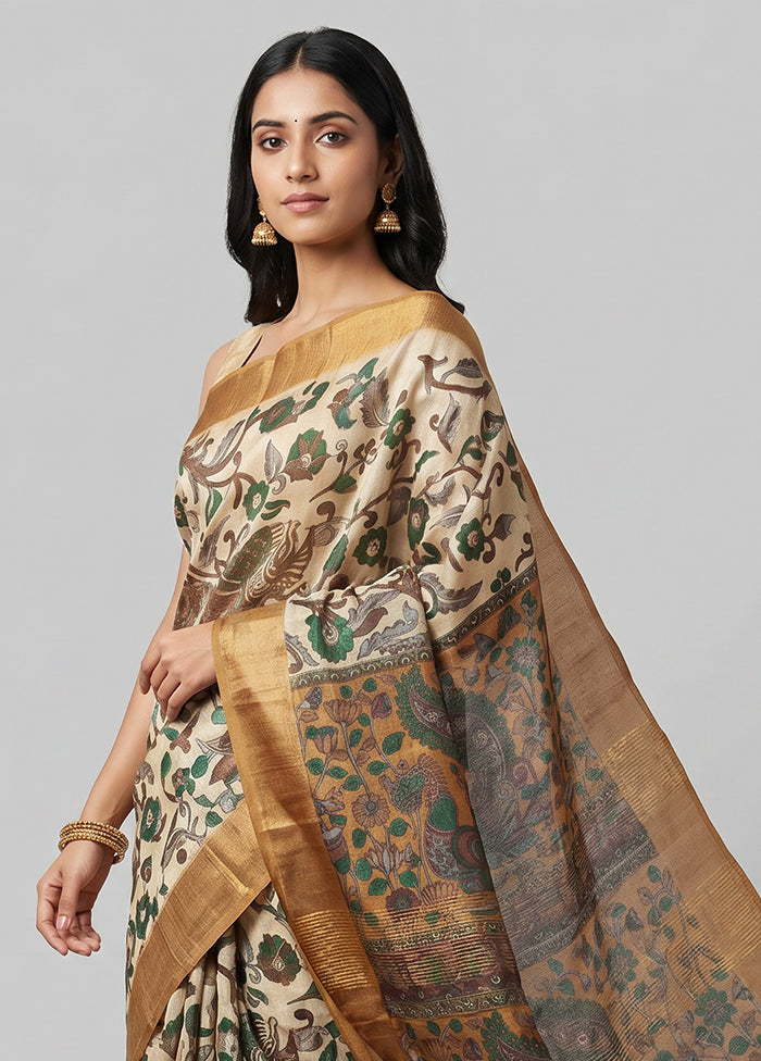 Cream Tussar Silk Saree With Blouse Piece