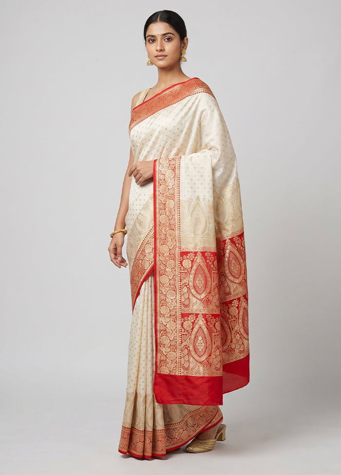 White Banarasi Silk Saree With Blouse Piece