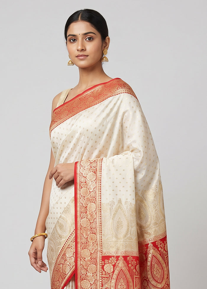 White Banarasi Silk Saree With Blouse Piece