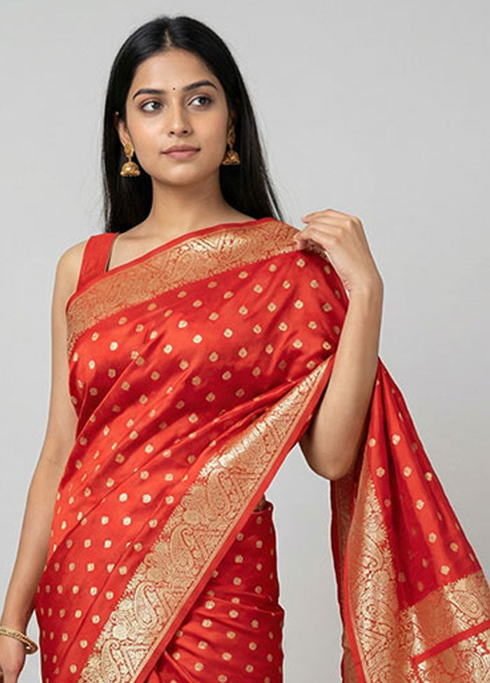Red Handloom Banarasi Pure Silk Saree With Blouse Piece