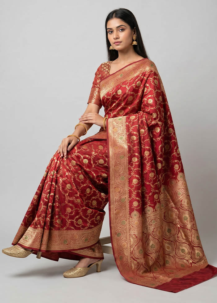Maroon Banarasi Silk Saree With Blouse Piece
