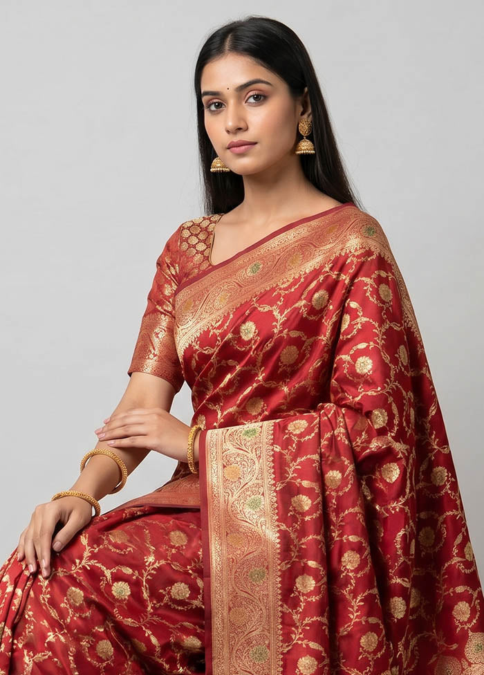 Maroon Banarasi Silk Saree With Blouse Piece