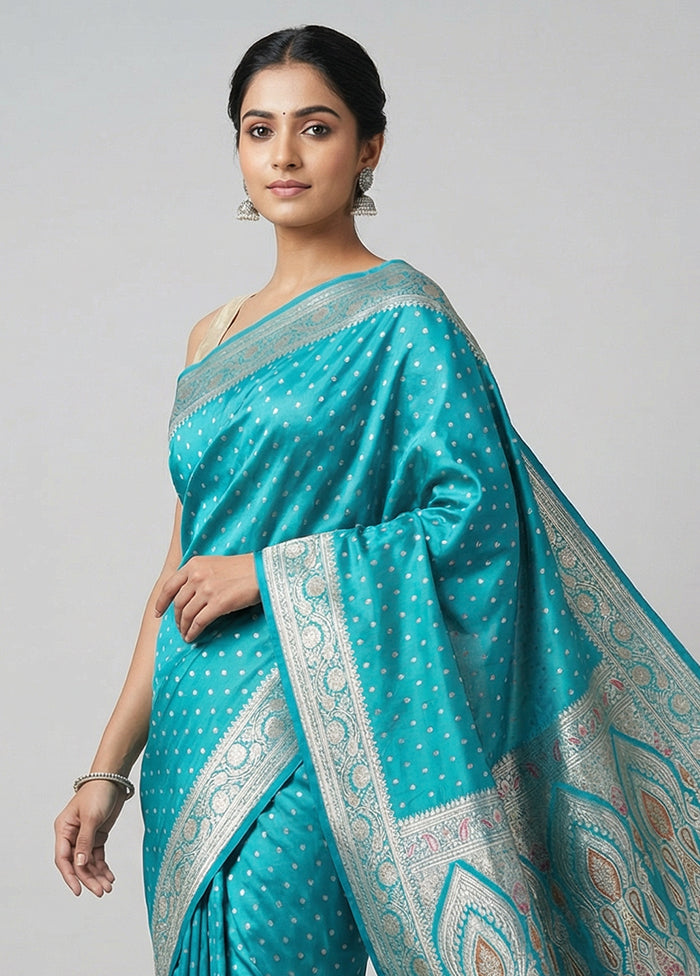 Blue Handloom Banarasi Pure Silk Saree With Blouse Piece