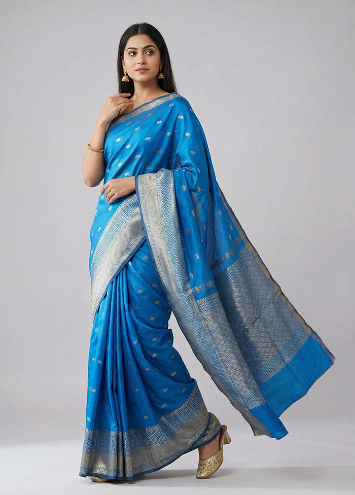 Blue Kanjivaram Silk Saree With Blouse Piece