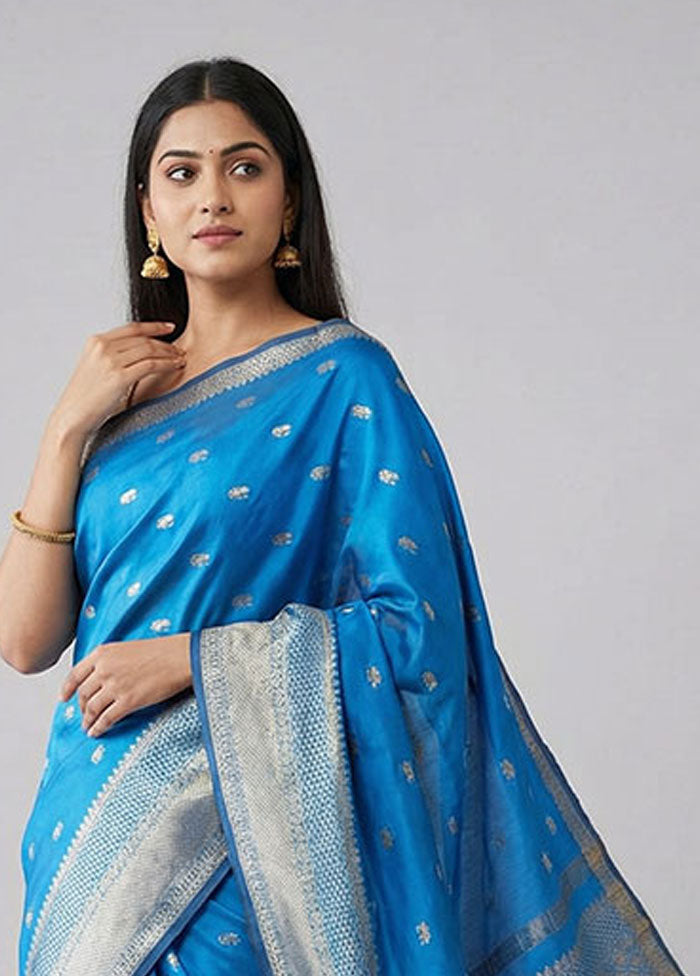 Blue Kanjivaram Silk Saree With Blouse Piece