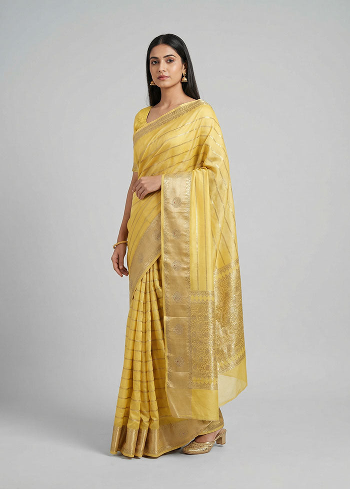 Yellow Dupion Silk Saree With Blouse Piece