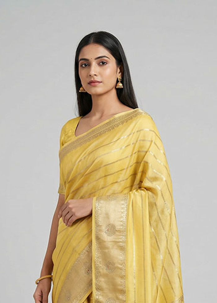 Yellow Dupion Silk Saree With Blouse Piece
