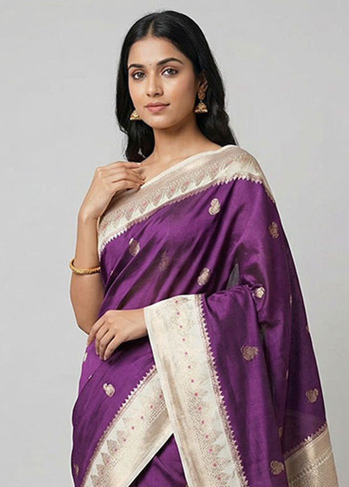 Purple Handloom Dupion Pure Silk Saree With Blouse Piece