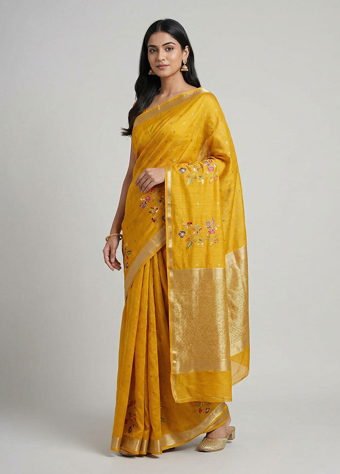 Yellow Handloom Dupion Pure Silk Saree With Blouse Piece