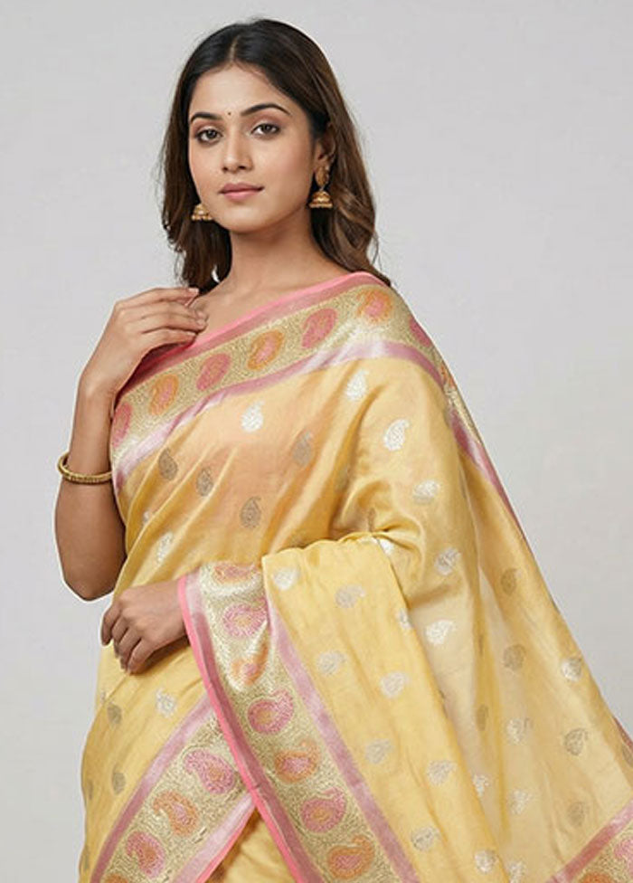 Yellow Handloom Dupion Pure Silk Saree With Blouse Piece