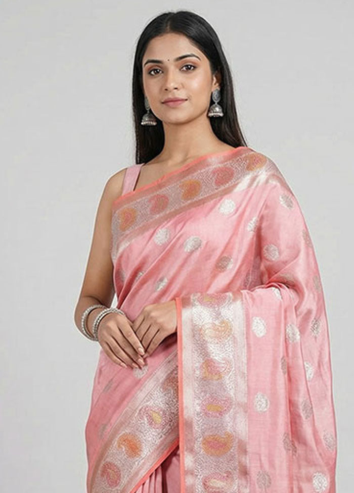 Pink Handloom Dupion Pure Silk Saree With Blouse Piece