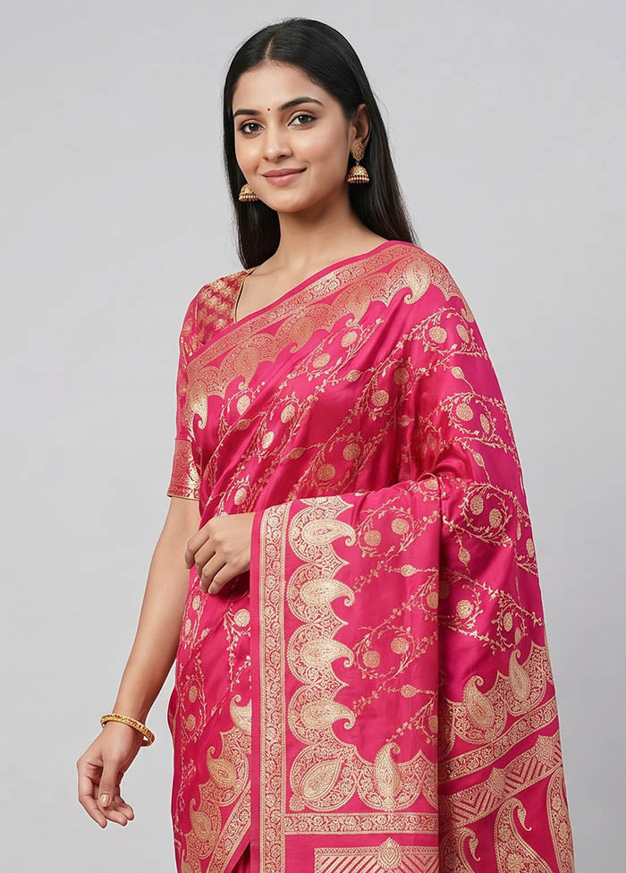 Pink Banarasi Silk Saree With Blouse Piece