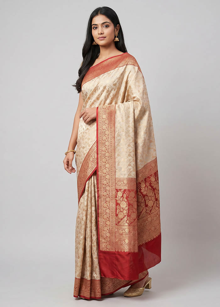 Cream Handloom Banarasi Pure Silk Saree With Blouse Piece