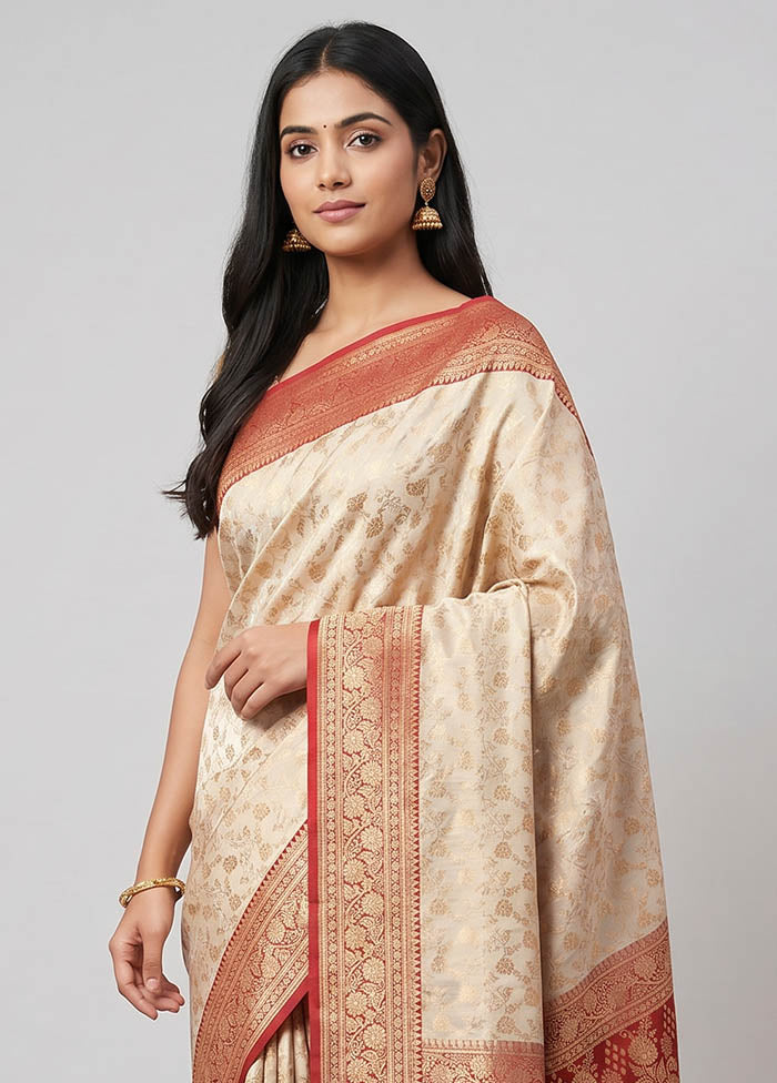 Cream Handloom Banarasi Pure Silk Saree With Blouse Piece