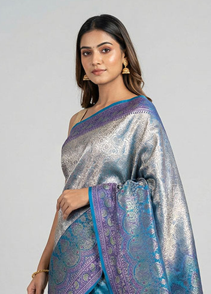Grey Handloom Jamewar Pure Silk Saree With Blouse Piece