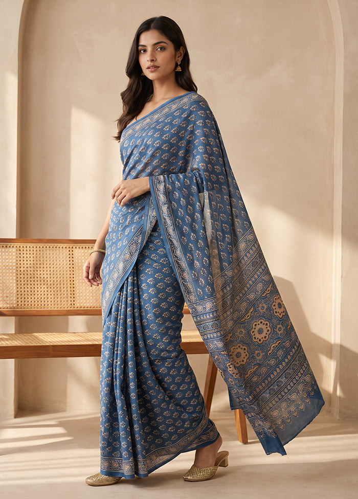 Blue Printed Silk Saree Without Blouse Piece