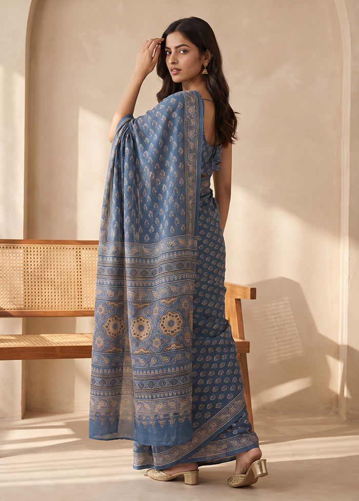 Blue Printed Silk Saree Without Blouse Piece