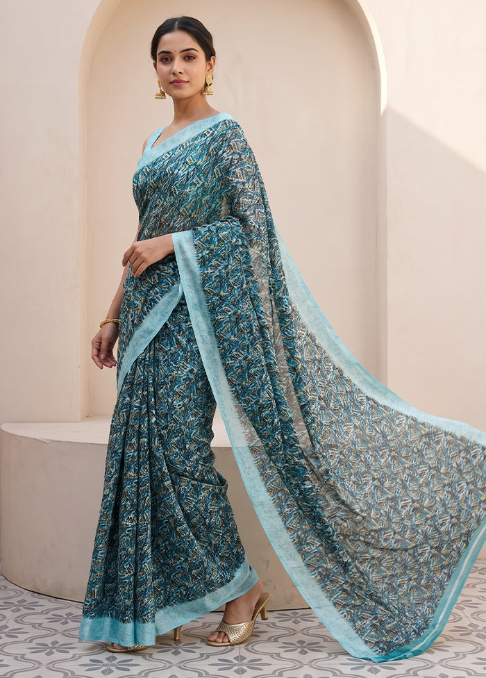 Blue Printed Silk Saree Without Blouse Piece