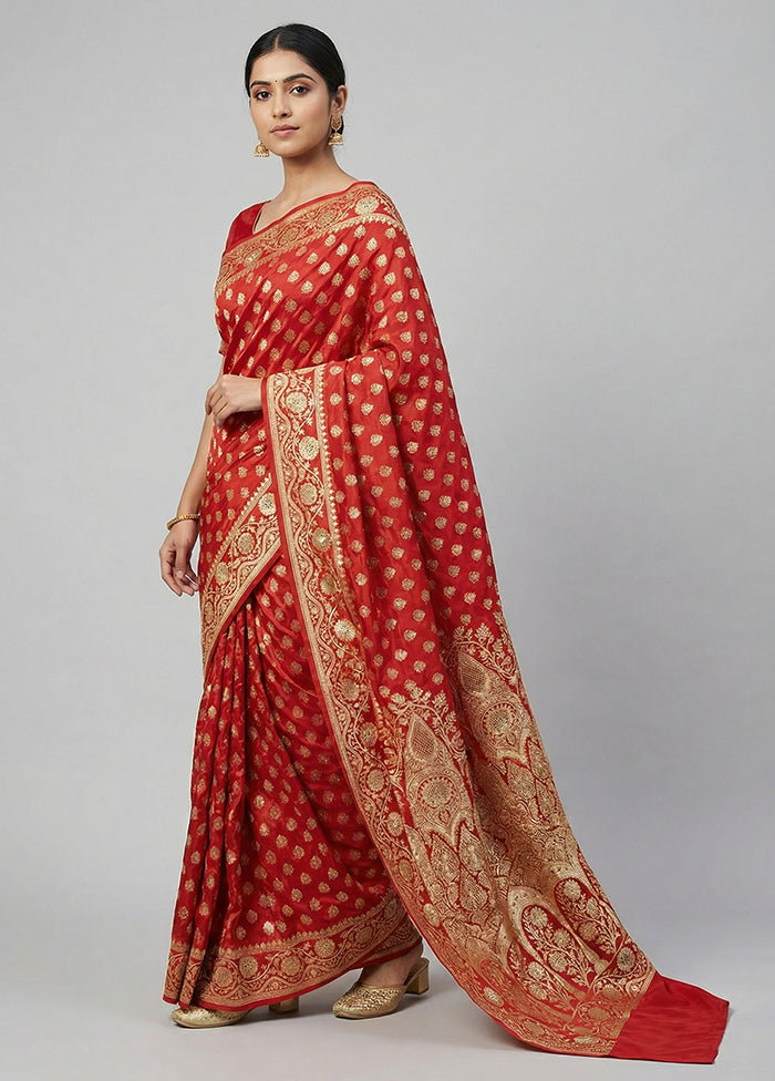 Red Handloom Banarasi Pure Silk Saree With Blouse Piece