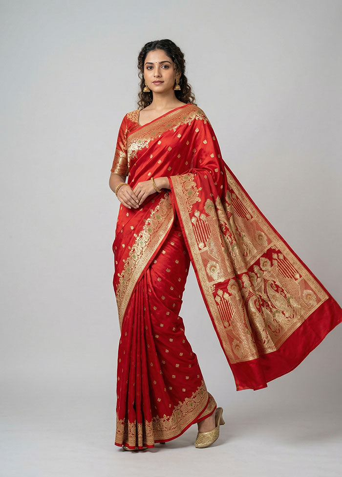 Red Banarasi Silk Saree With Blouse Piece