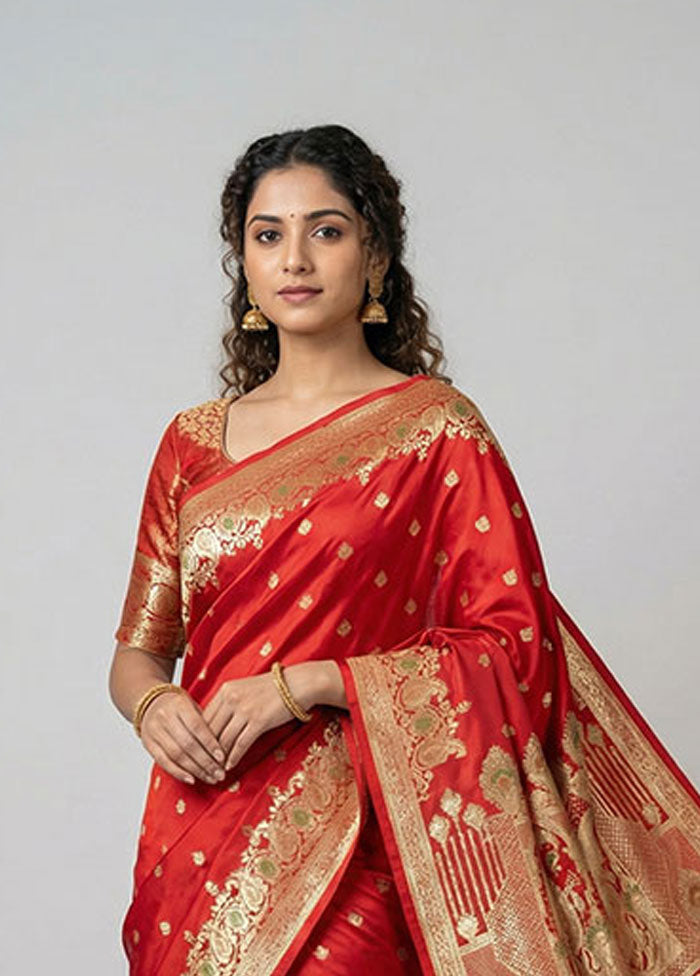 Red Banarasi Silk Saree With Blouse Piece