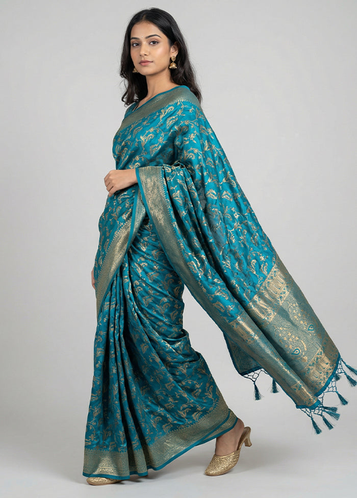 Blue Dupion Silk Saree With Blouse Piece