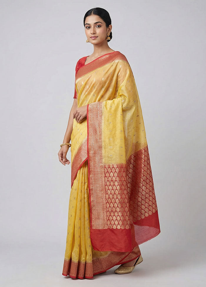 Yellow Dupion Silk Saree With Blouse Piece