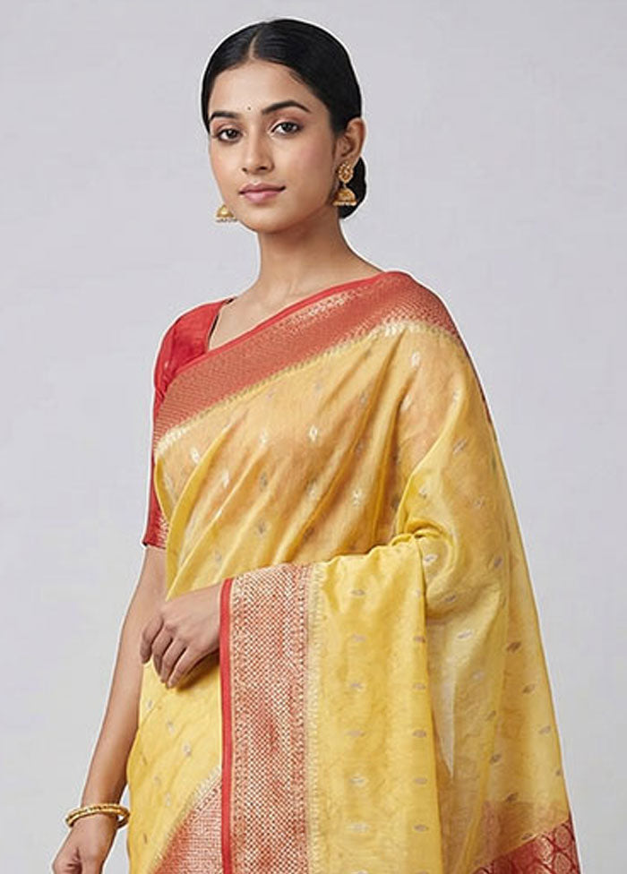 Yellow Dupion Silk Saree With Blouse Piece