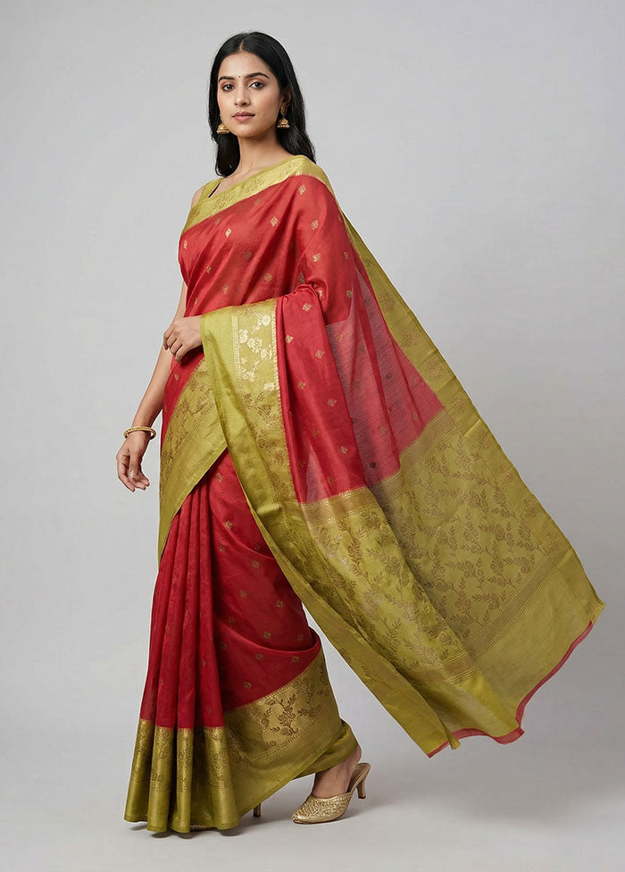 Red Dupion Silk Saree With Blouse Piece