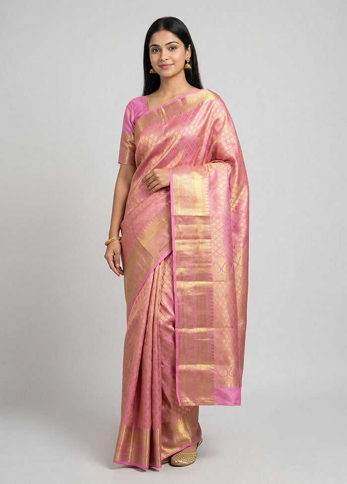 Pink Handloom Kanchipuram Pure Silk Saree With Blouse Piece