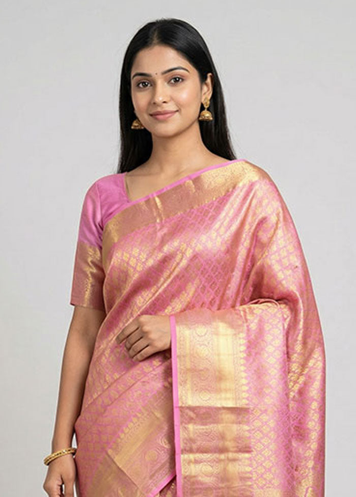 Pink Handloom Kanchipuram Pure Silk Saree With Blouse Piece
